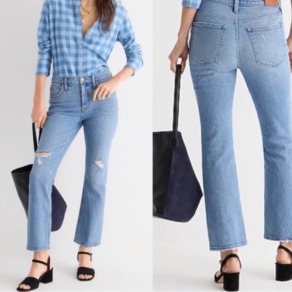 J. Crew Billie Demi Boot Crop Jeans in Light Blue with Distressed Knees